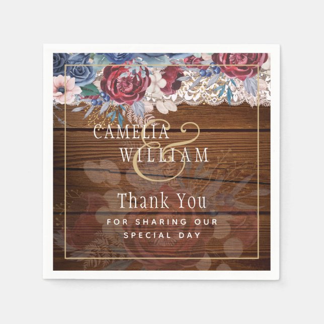 Timeless Rustic Blue Burgundy Floral Lace Wedding Napkins (Front)