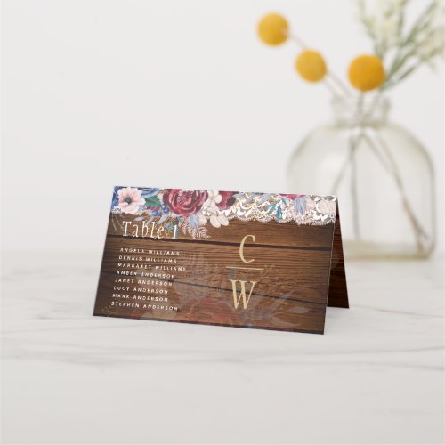 Timeless Rustic Blue Burgundy Floral Lace Wedding Place Card