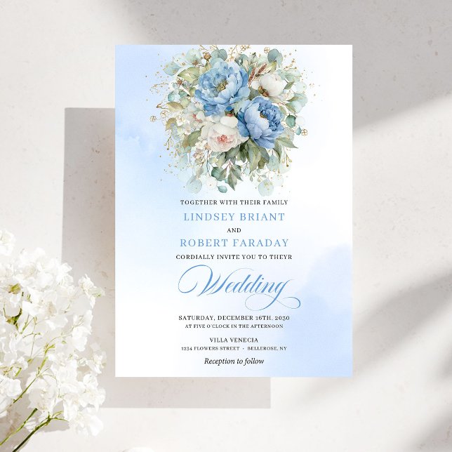 Timeless Rustic Pastel Blue Peony Gold Wedding Invitation (Timeless Rustic Pastel Blue Peony Gold Wedding Invitation)