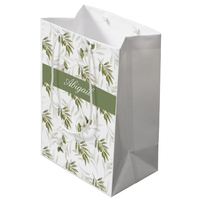 Timeless Sage Olive Wataercolor Chic Name Medium Gift Bag (Back Angled)