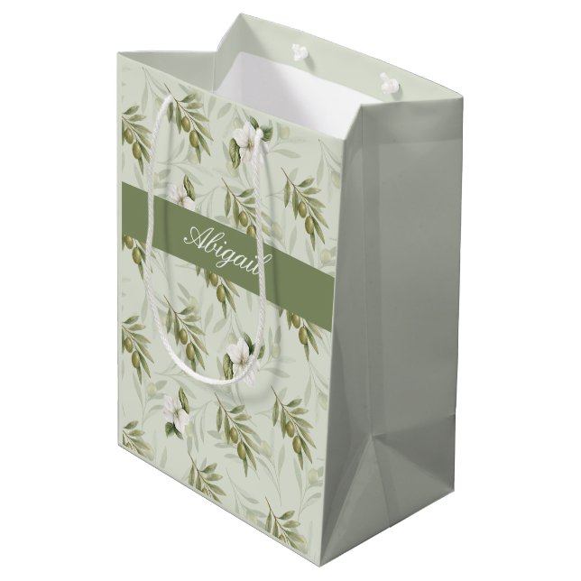 Timeless Sage Olive Wataercolor Chic Name Medium Gift Bag (Back Angled)