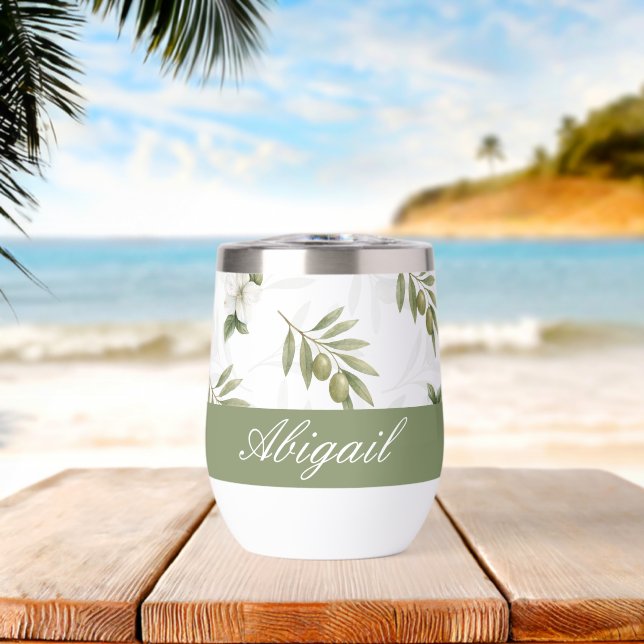 Timeless Sage Olive Watercolor Chic Name Thermal Wine Tumbler (Beach (Rotated))