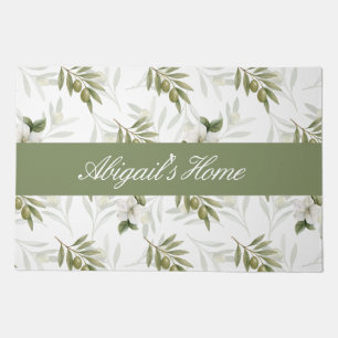 Timeless Sage Olive Watercolor Name  Doormat