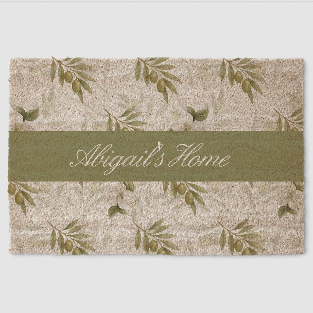 Timeless Sage Olive Watercolor Name  Fiber Doormat (Front)