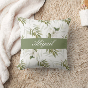 Timeless Sage Olive Watercolor Name  Throw Pillow