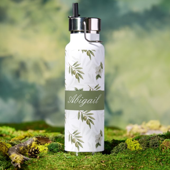 Timeless Sage Olive Watercolor Name Water Bottle (Outdoor (Rotated))
