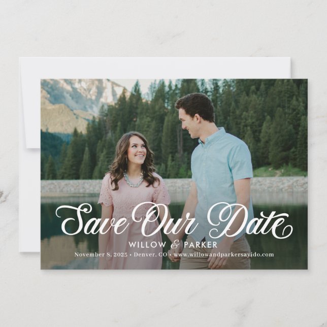 Timeless Script Editable Color Save The Date Card (Front)