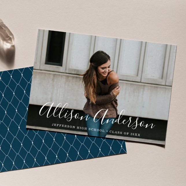 Timeless Script Navy Blue Photo Graduation Announcement (Creator Uploaded)