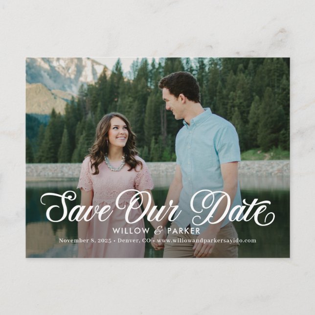 Timeless Script Simple Save The Date Postcard (Front)