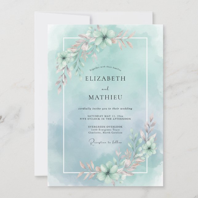 Timeless Seafoam Painted Peony Wedding Invitation (Front)