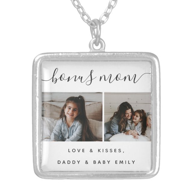 Timeless Silver Bonus Mom Photo Gift Mothers Day Silver Plated Necklace (Front)