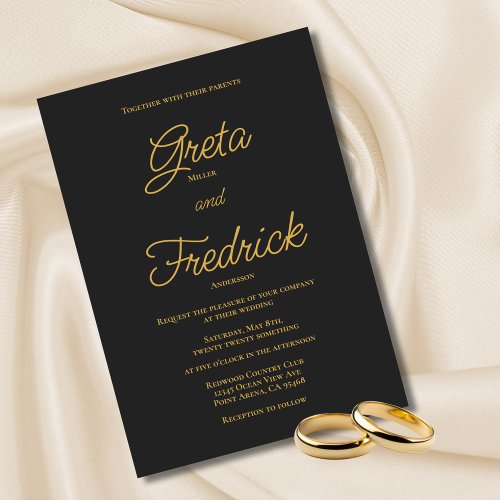 Timeless Simple Charcoal Black Gold Script Wedding Invitation