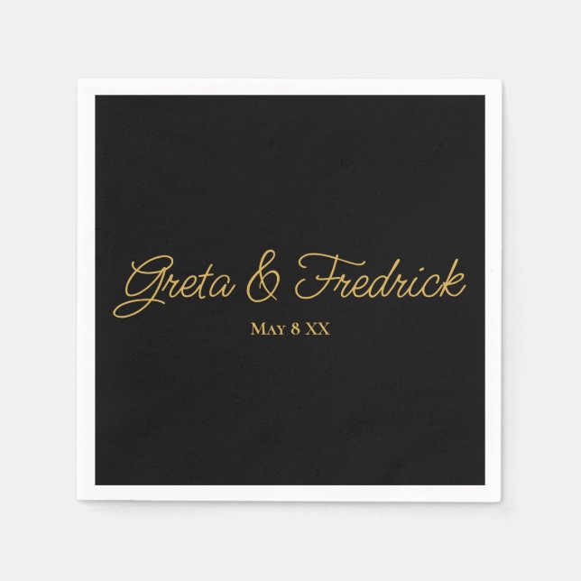 Timeless Simple Elegance Black Gold Script Napkins (Front)