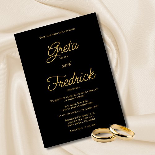 Timeless Simple Elegance Black Gold Script Wedding Invitation