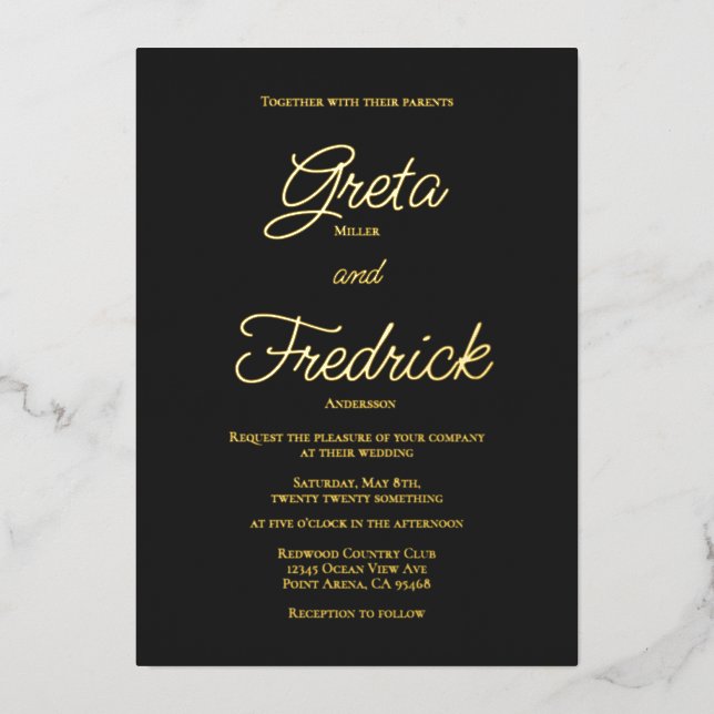 Timeless Simple Elegance Gold Matte Black Wedding Foil Invitation (Front)
