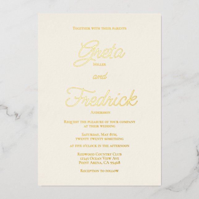 Timeless Simple Elegance Gold Script Cream Wedding Foil Invitation (Front)
