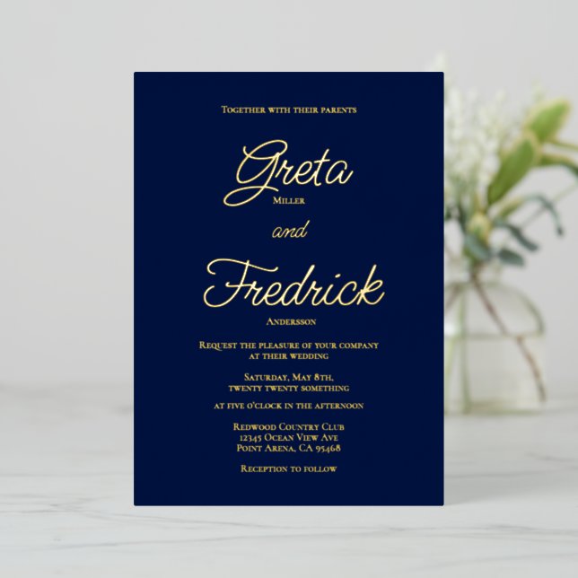 Timeless Simple Elegance Gold Script Navy Wedding Foil Invitation (Standing Front)