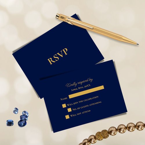 Timeless Simple Elegance  Navy Blue Gold Wedding RSVP Card