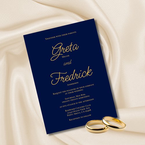 Timeless Simple Elegance Navy Gold Script Wedding Invitation