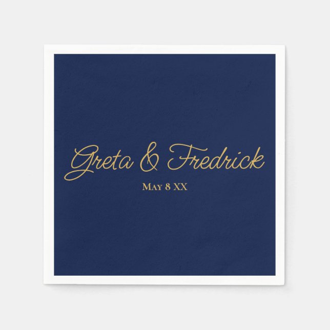 Timeless Simple Minimalist Navy Gold Script Napkins (Front)
