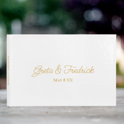 Timeless Simple Minimalist White and Gold Script Guest Book