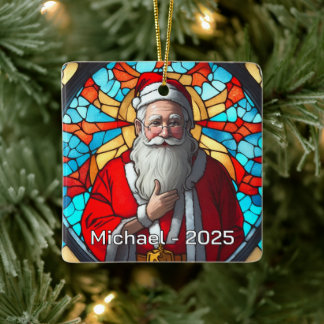 Timeless Stained Glass Santa Ceramic Ornament