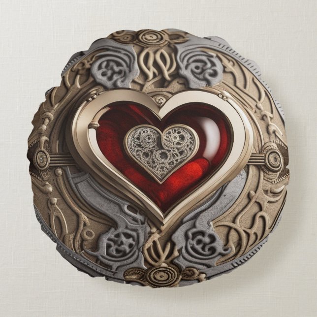 Timeless Steampunk Heart of Love Round Pillow (Front)