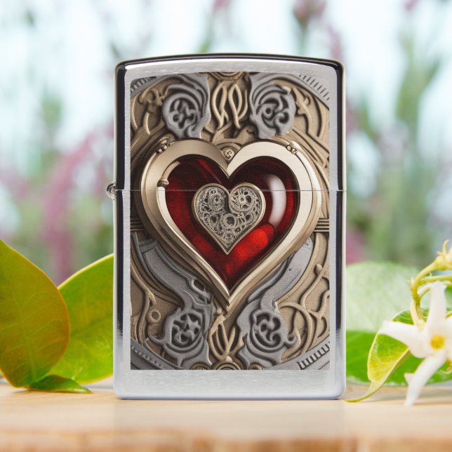 Timeless Steampunk Heart of Love Zippo Lighter (On Table)