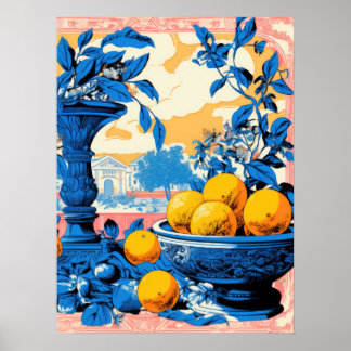 Timeless Still Life with Oranges and Blue Foliage Poster