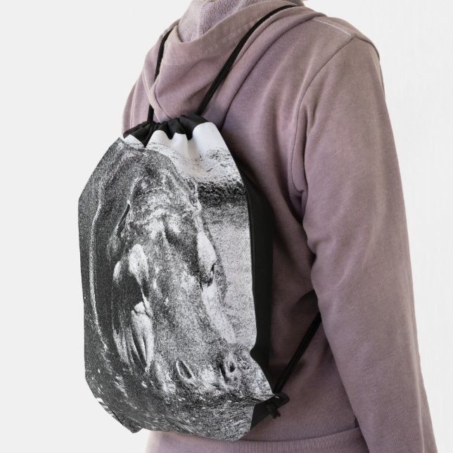 **"Timeless Strength: Grainy Black and White Hippo Drawstring Bag (Insitu)