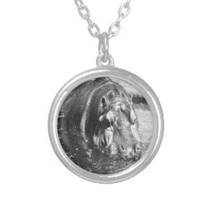 **"Timeless Strength: Grainy Black and White Hippo Silver Plated Necklace