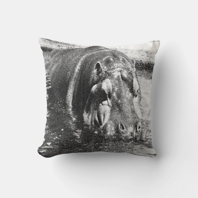 **"Timeless Strength: Grainy Black and White Hippo Throw Pillow (Front)