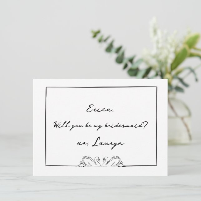 Timeless Swan Black & White Bridesmaid Proposal Thank You Card (Standing Front)
