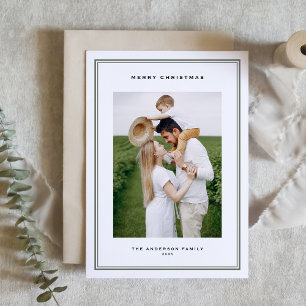 Timeless Taupe Green Double Border Photo Christmas Holiday Card