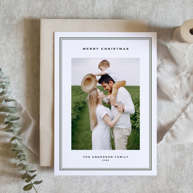 Timeless Taupe Green Double Border Photo Christmas Holiday Card (This timeless holiday photo card features a refined double-line frame and classic serif typography.)