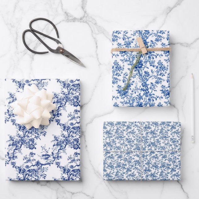 Timeless Toile Blue 3 Wrapping Paper Sheets (Front)