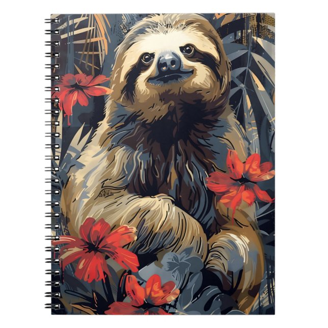 Timeless Tranquility: Vintage Sloth with Red Flowe Notebook (Front)