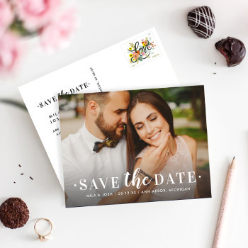 Timeless Type White Wedding Photo Save The Date Announcement Postcard by Plush_Paper at Zazzle