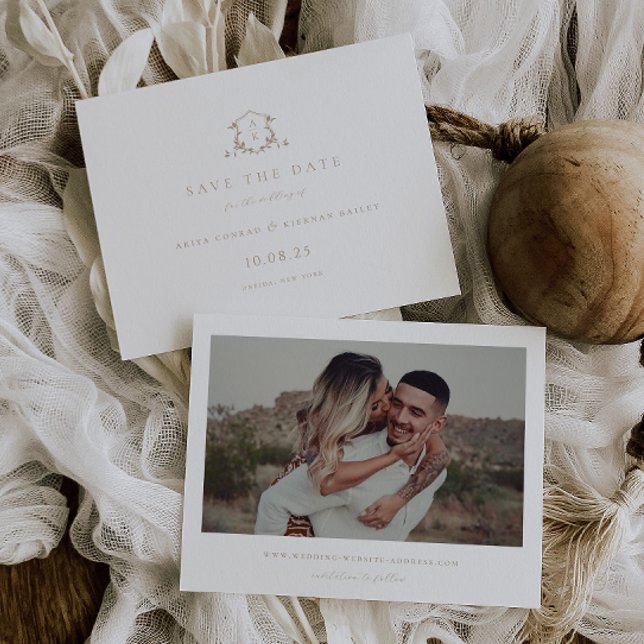 Timeless Vines Beige Crest Monogram Photo Save The Date (Creator Uploaded)