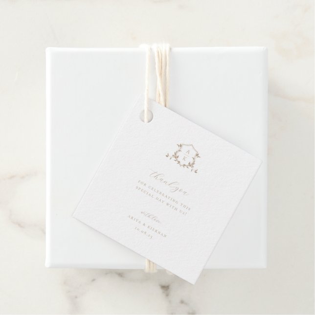 Timeless Vines Beige Crest Wedding Monogram Favor Tags (In Situ)