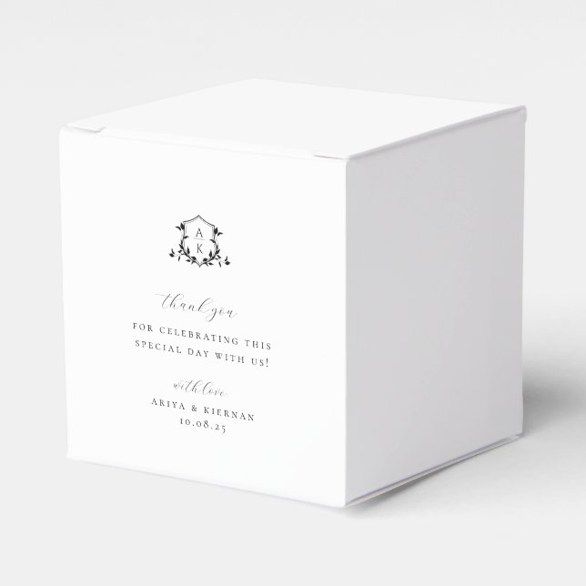Timeless Vines Black Crest Wedding Monogram Favor Boxes (Front Side)