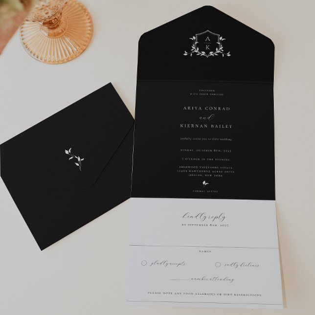 Timeless Vines Black Monogram Wedding Crest All In One Invitation (Creator Uploaded)