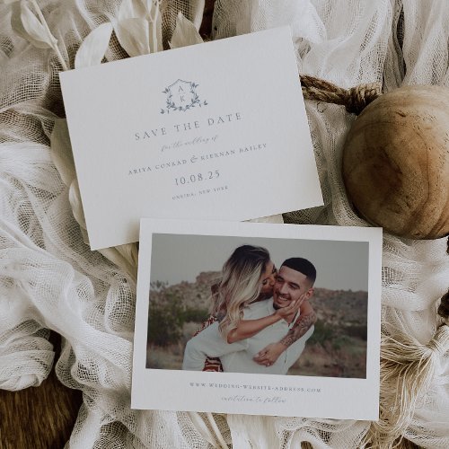 Timeless Vines Dusty Blue Crest Monogram Photo Save The Date