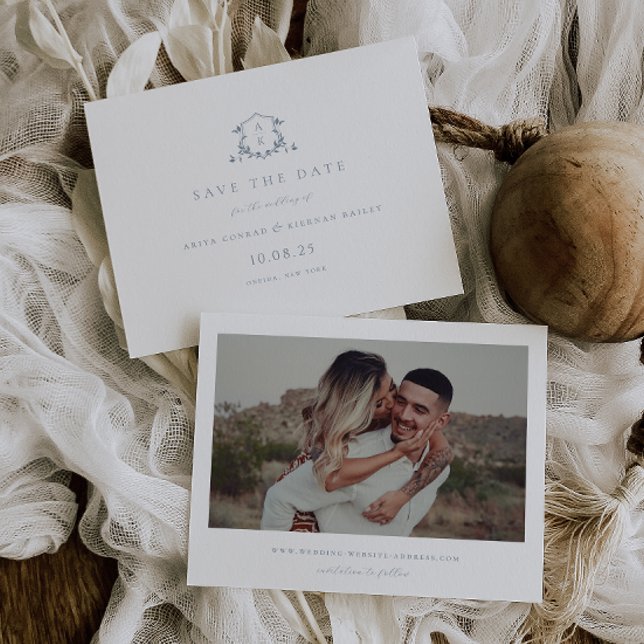 Timeless Vines Dusty Blue Crest Monogram Photo Save The Date (Creator Uploaded)