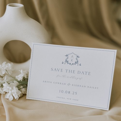 Timeless Vines Dusty Blue Crest Monogram Wedding Save The Date