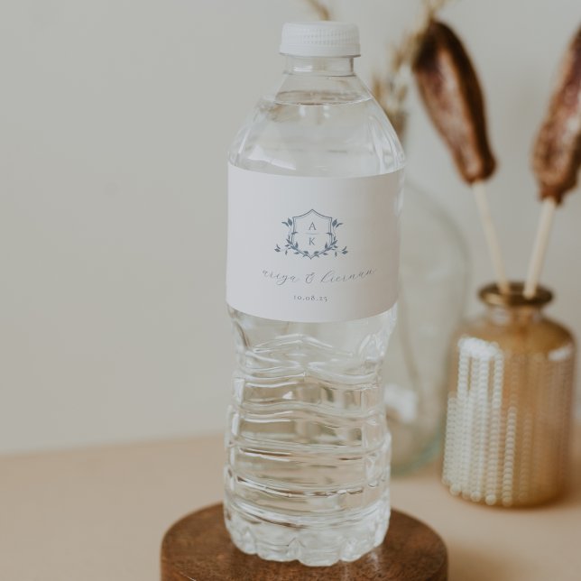Timeless Vines Dusty Blue Crest Wedding Monogram Water Bottle Label
