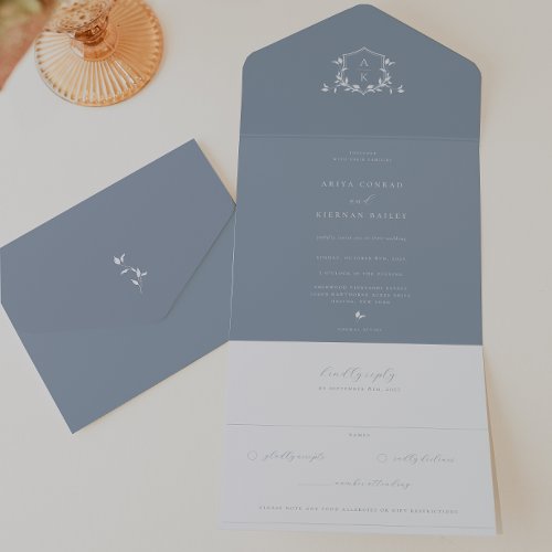 Timeless Vines Dusty Blue Monogram Wedding Crest All In One Invitation