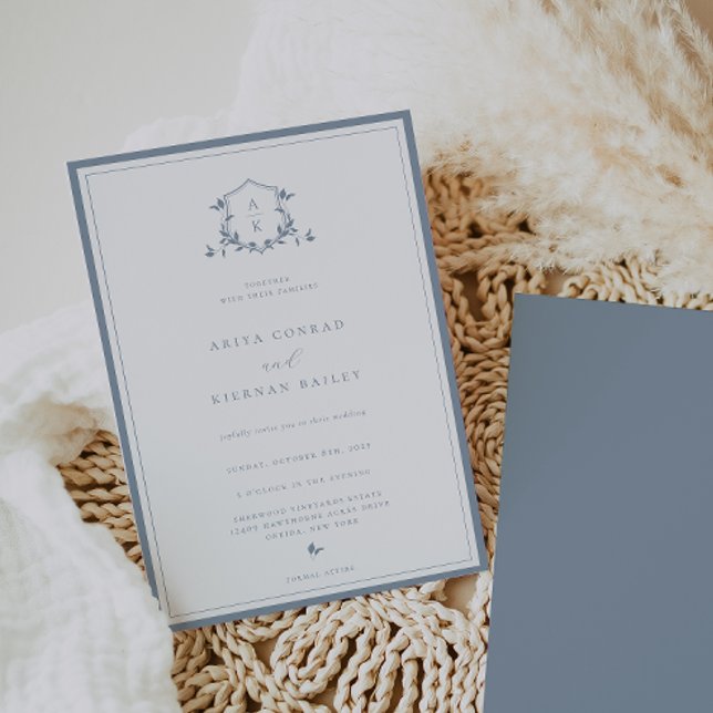 Timeless Vines Dusty Blue Monogram Wedding Crest Invitation (Creator Uploaded)