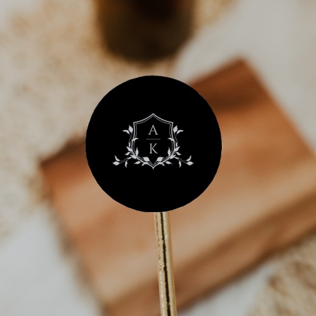 Timeless Vines Monogram Crest Black Classic Round Sticker (Creator Uploaded)