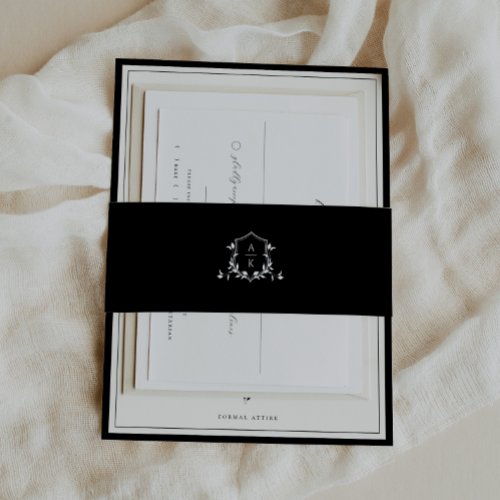 Timeless Vines Monogram Crest Black Invitation Belly Band